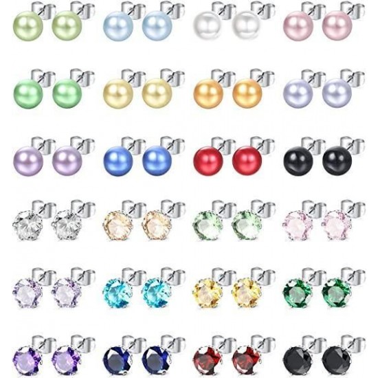 24 Pairs Stainless Womens CZ Stud Earrings Set Brilliant Cut Round Cubic Zirconia Birthstone Faux Pearl Ball Stud Piercings 5MM 24 Pairs Stainless Womens CZ Stud Earrings Set Brilliant Cut Round Cubic Zirconia Birthstone Faux Pearl Ball Stud Piercings 5MM